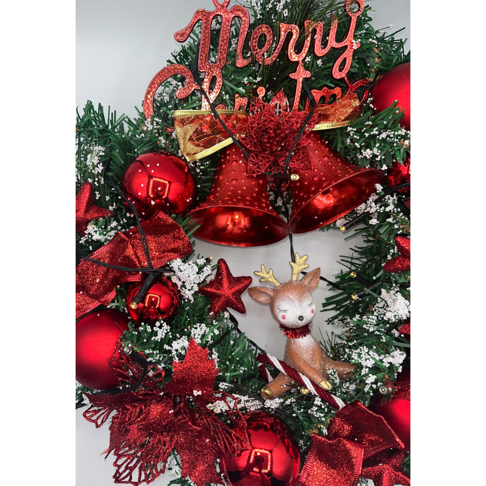 Pre Lit Merry Christmas Wreath with Twinkly Lights plus Reindeer Poinsettia Bell - Picture 16 of 16